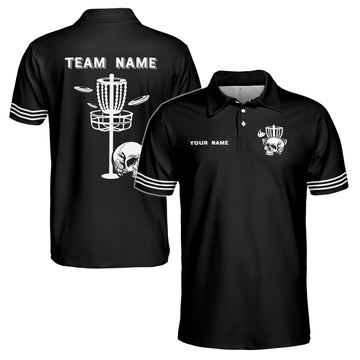 Custom Name Team Skull Disc Golf Black Men's Polo Shirt S-5XL