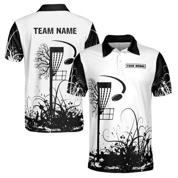 Custom Name Team Disc Golf Black White Tree Roots Men's Polo Shirt S-5XL