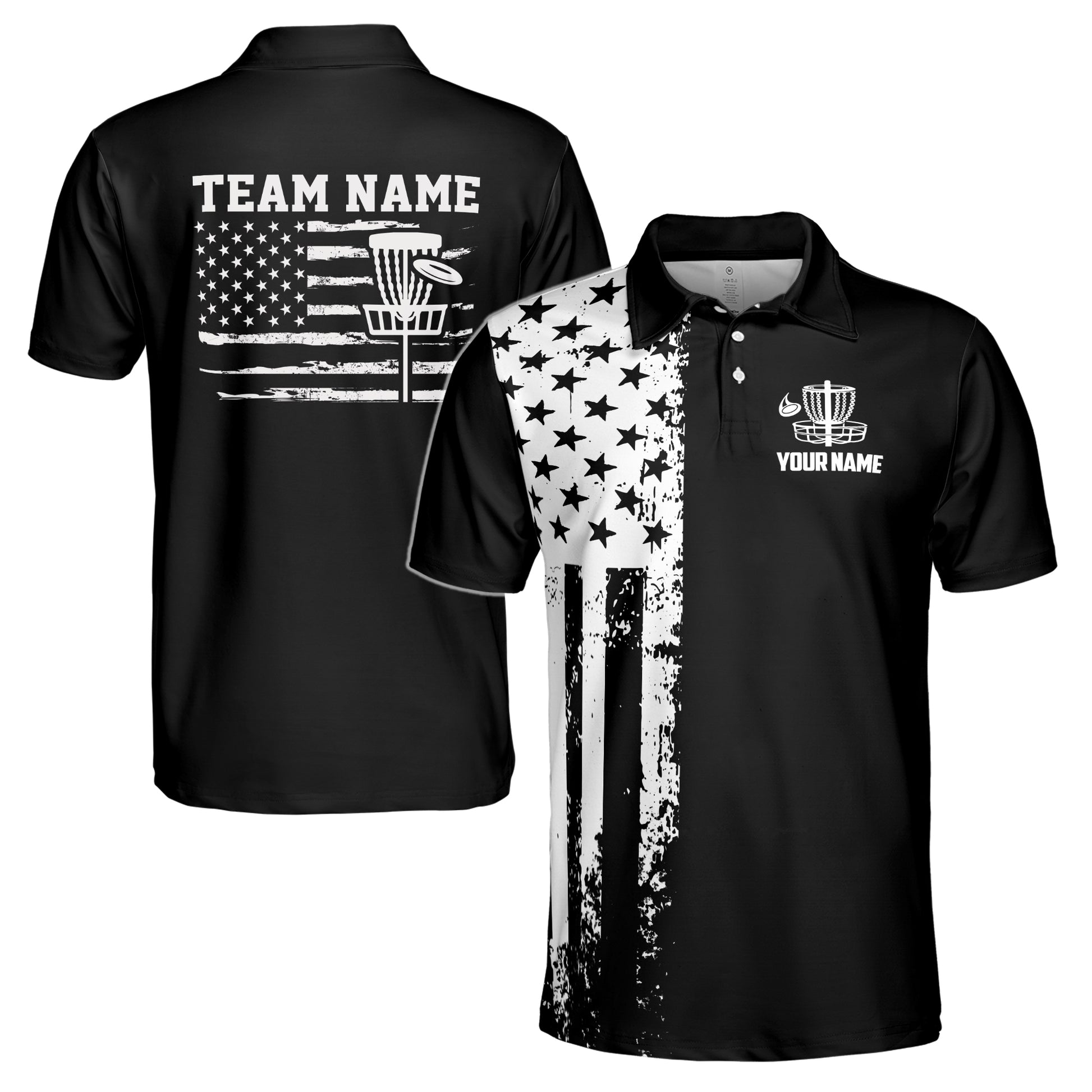 Custom Name Team Disc Golf Retro America Flag Men's Polo Shirt S-5XL