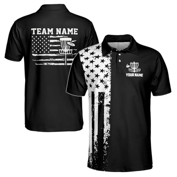 Custom Name Team Disc Golf Retro America Flag Men's Polo Shirt S-5XL