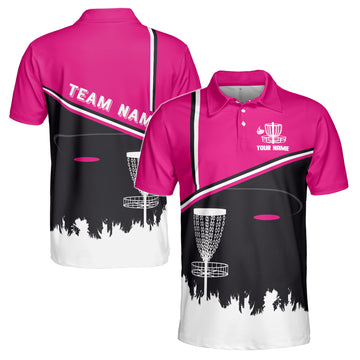 Custom Name Team Disc Golf Pink and Black Men's Polo Shirt S-5XL