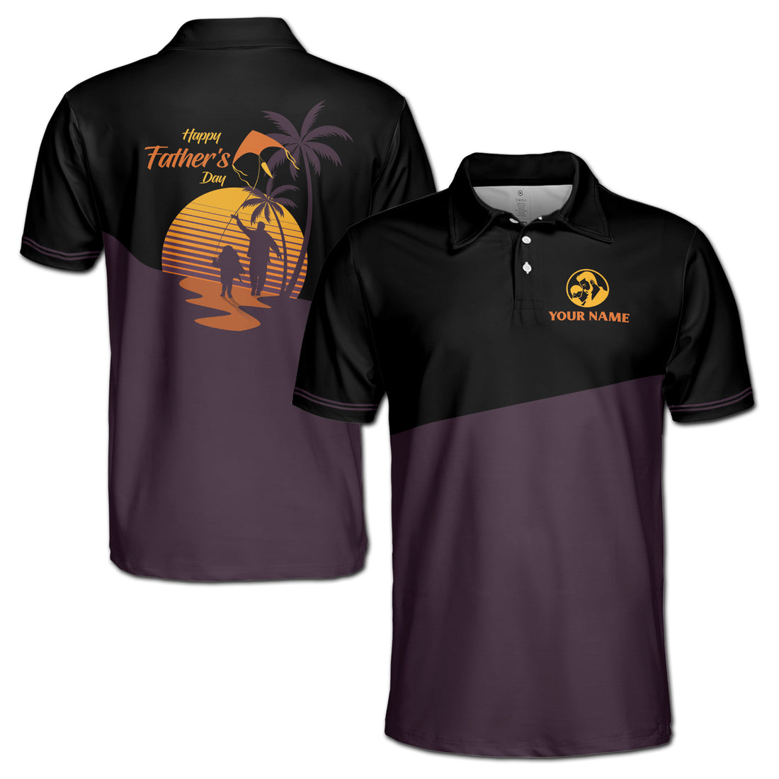 Custom Name Father and Son in The Beach Dark Purple Men's Polo Shirt S-5XL