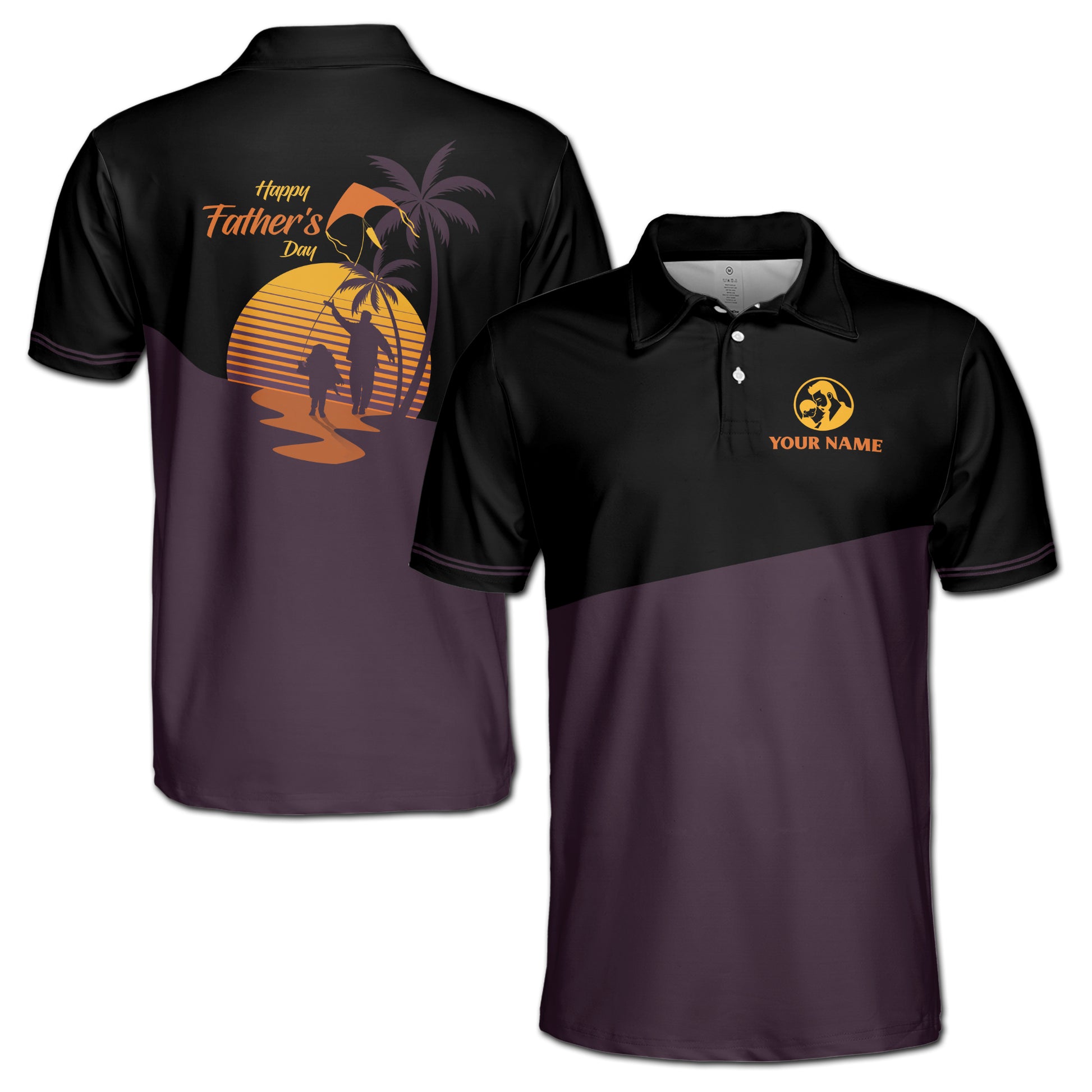 Custom Name Father and Son in The Beach Dark Purple Men's Polo Shirt S-5XL