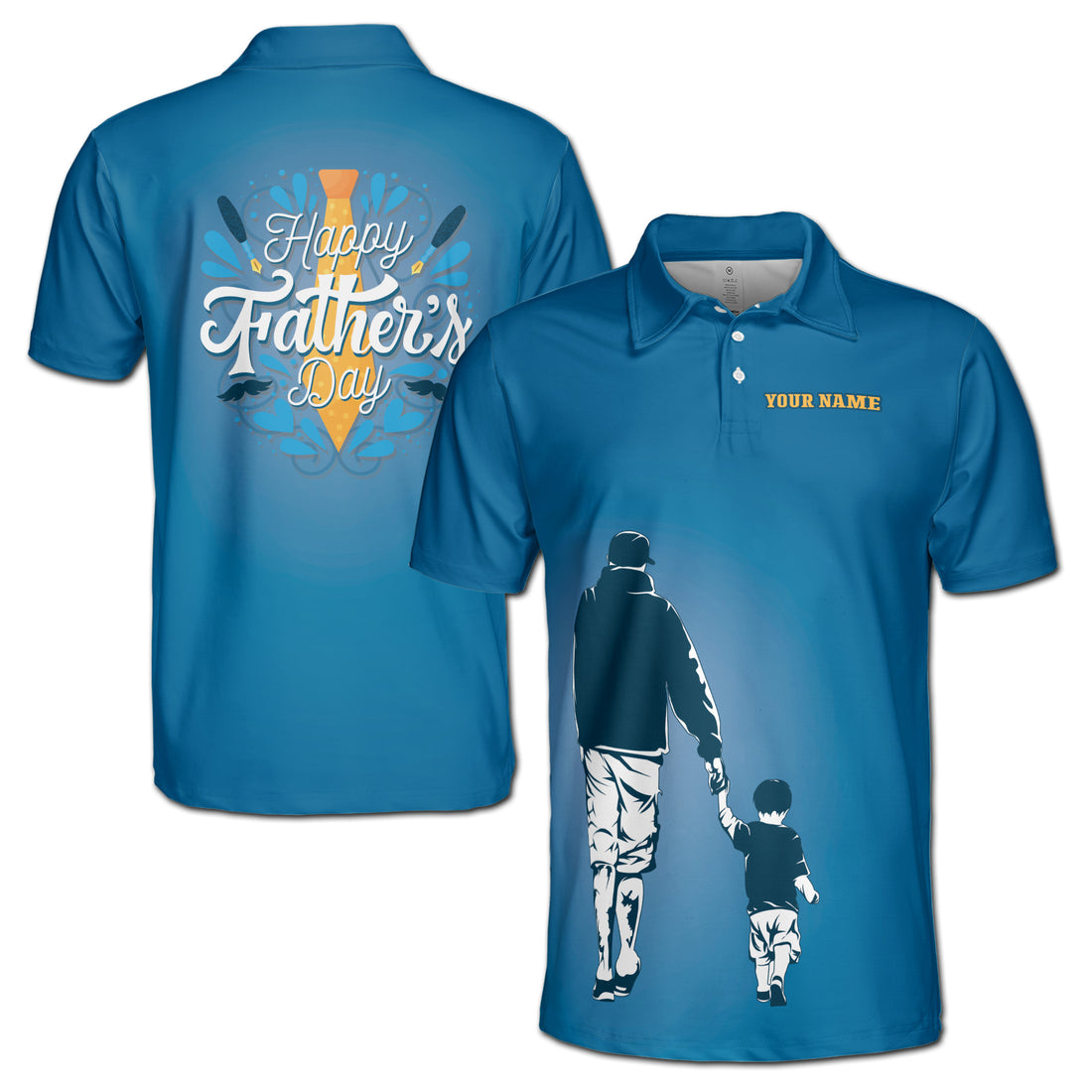 Custom Name Love You Dad Father and Son Silhouette Blue Men's Polo Shirt S-5XL
