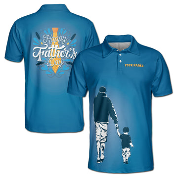 Custom Name Love You Dad Father and Son Silhouette Blue Men's Polo Shirt S-5XL