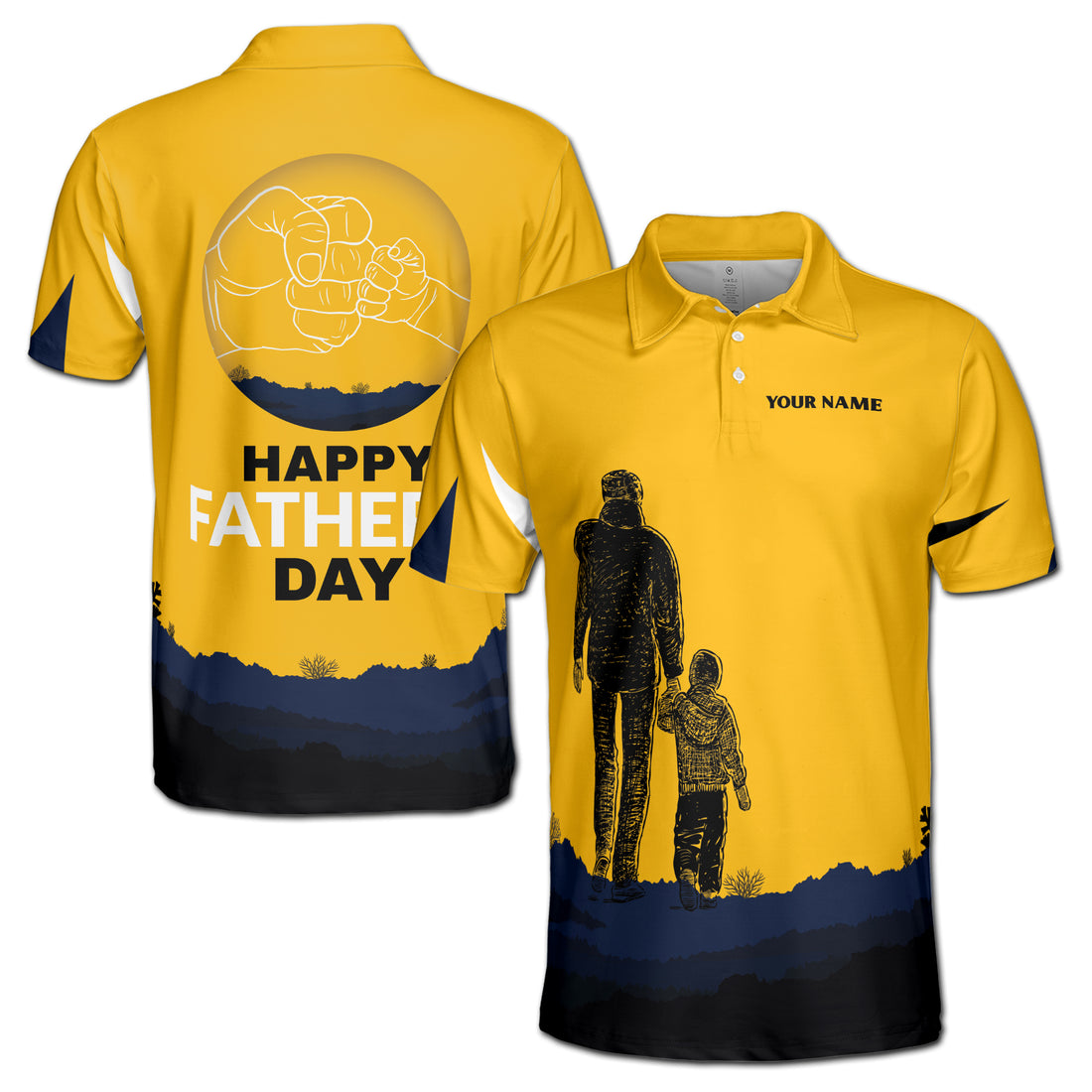Custom Name Father and Son Fist Bump Yellow Mountain Men's Polo Shirt S-5XL