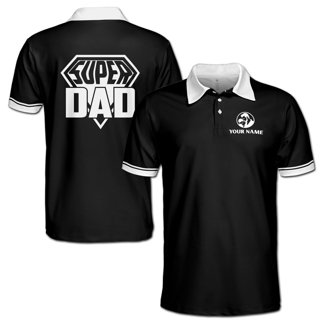 Custom Name Funny Super Dad Black Black White Men's Polo Shirt S-5XL