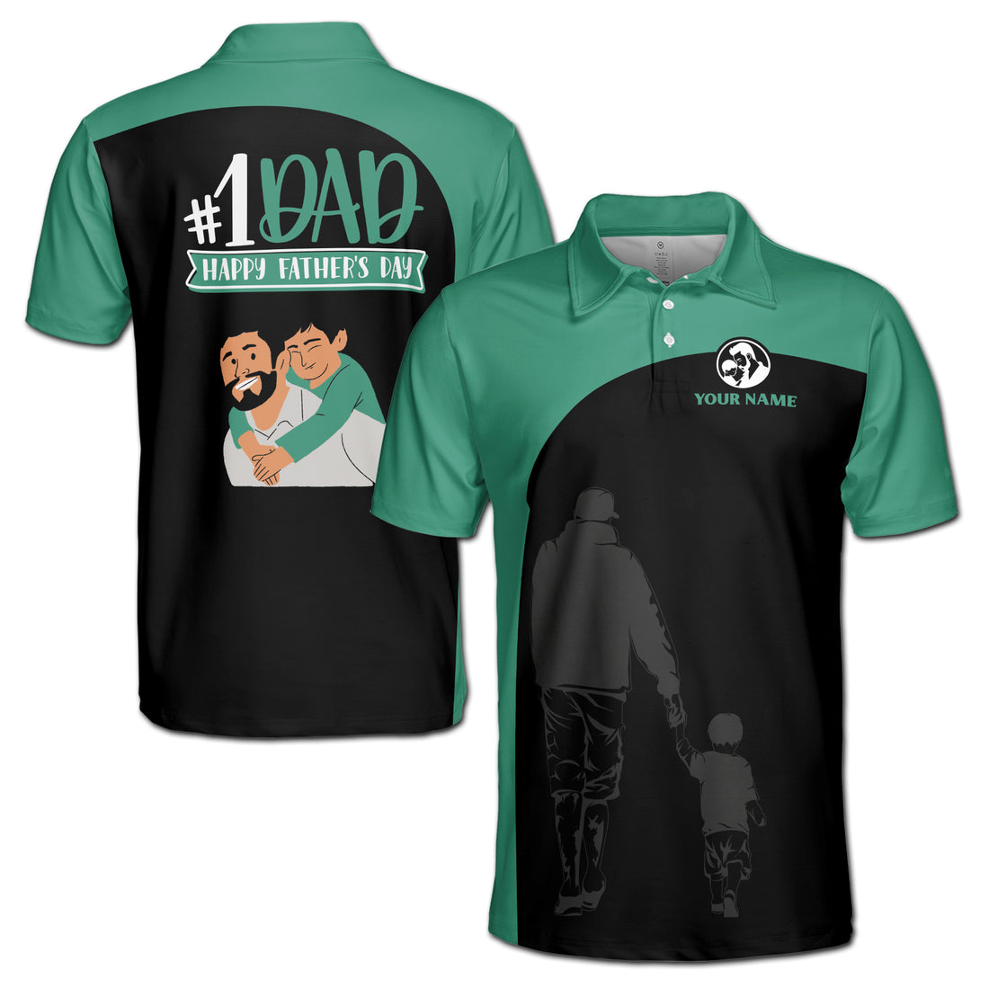 Custom Name No.1 Dad Father and Son Silhouette Green Men's Polo Shirt S-5XL