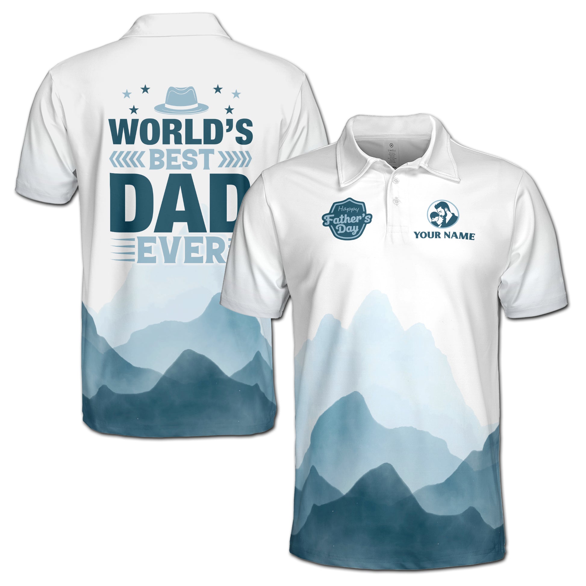 Custom Name World's Best Dad Ever Blue Moutain Pattern Men's Polo Shirt S-5XL