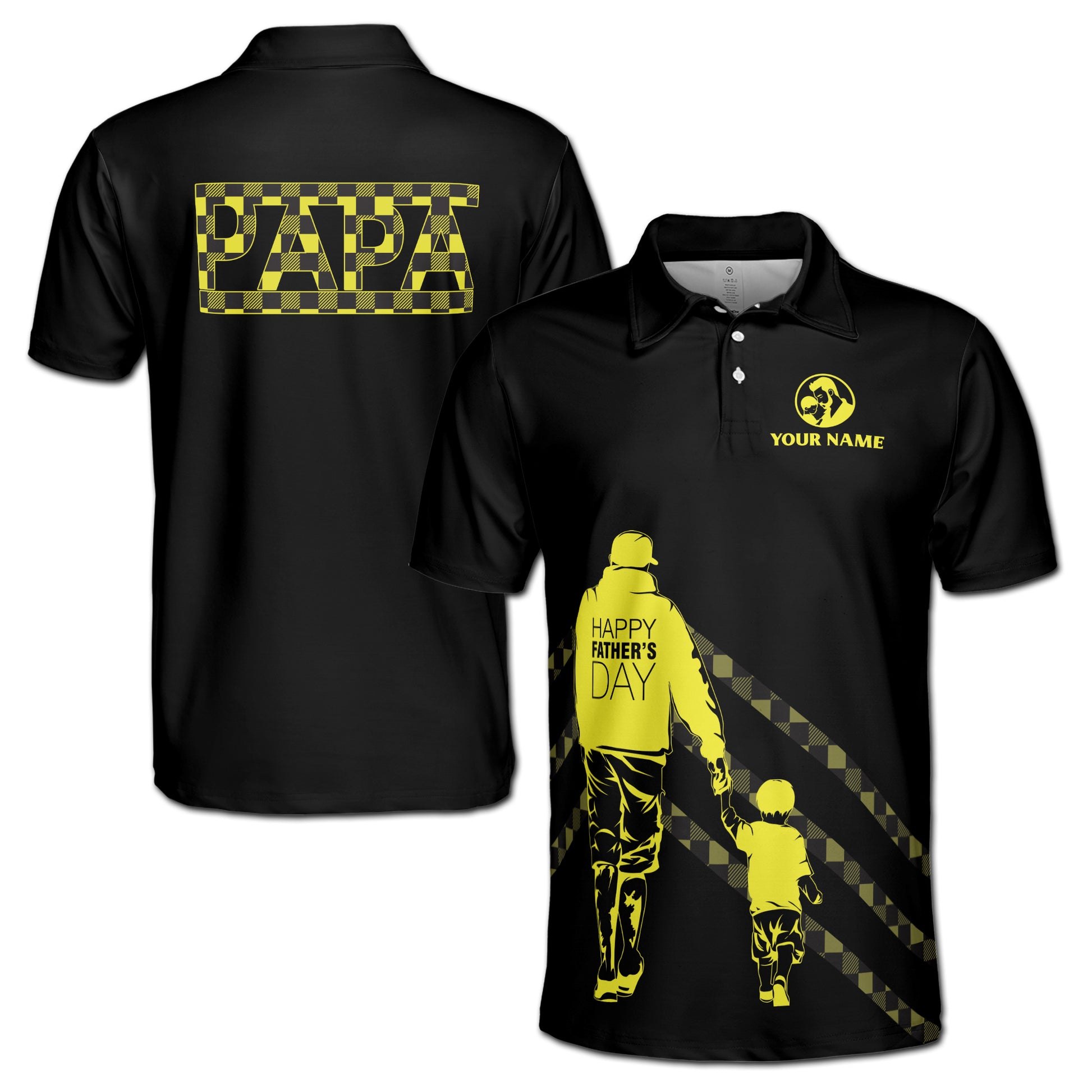 Custom Papa Father and Son Silhouette Father's Gift Black Men's Polo Shirt S-5XL
