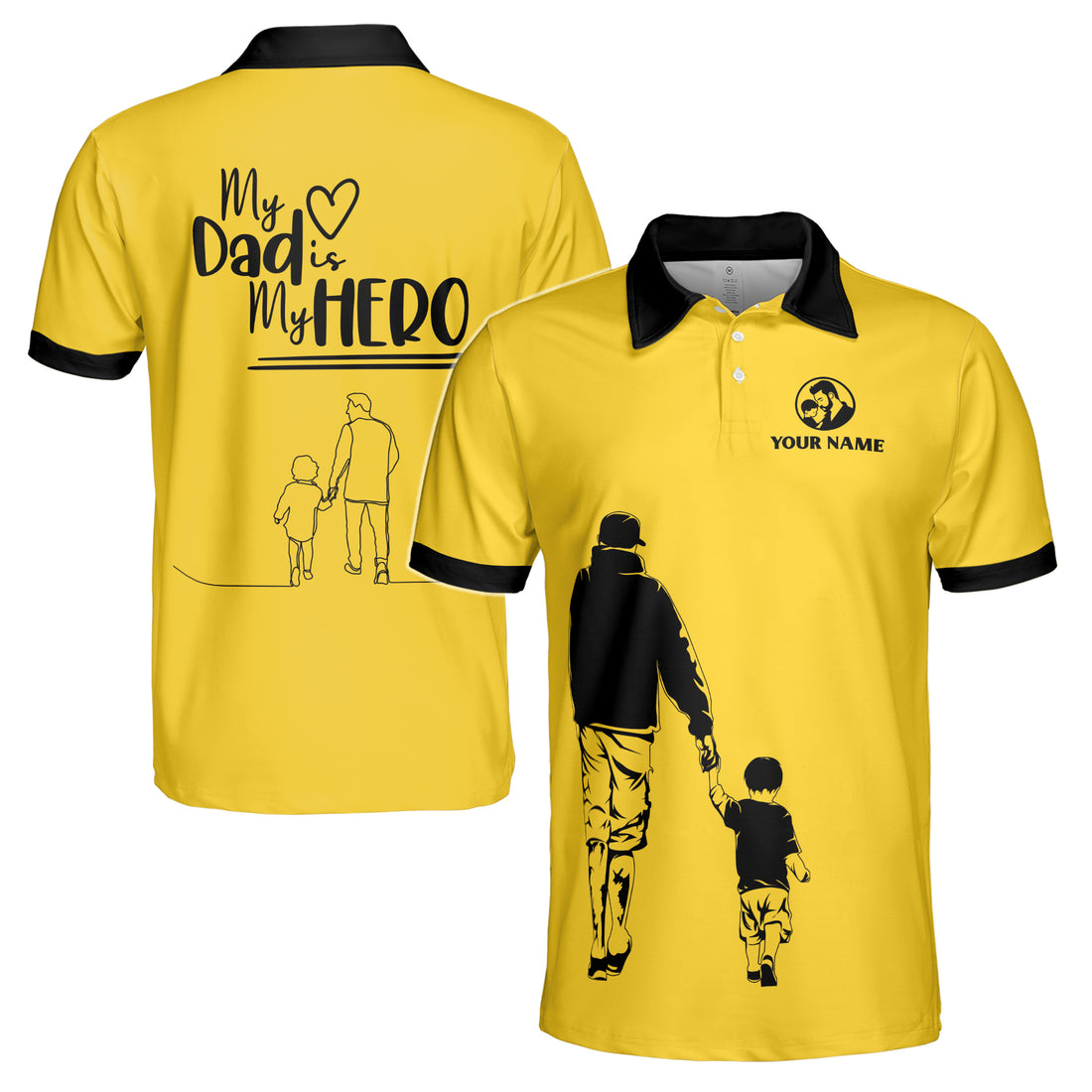Custom Name My Dad Is My Hero Gift for Father Yellow Men's Polo Shirt S-5XL