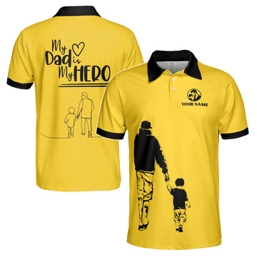 Custom Name My Dad Is My Hero Gift for Father Yellow Men's Polo Shirt S-5XL