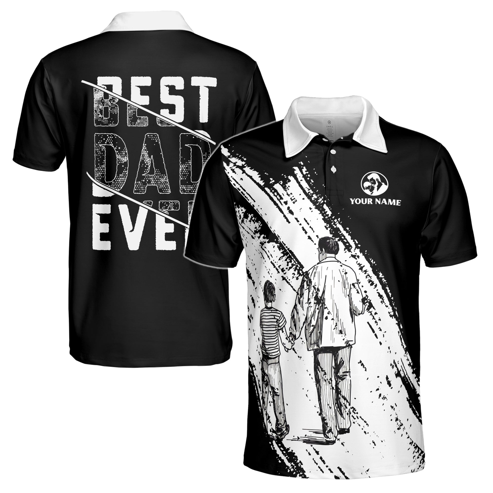 Custom Name Best Dad Ever Grunge Black Father's Gift Men's Polo Shirt S-5XL