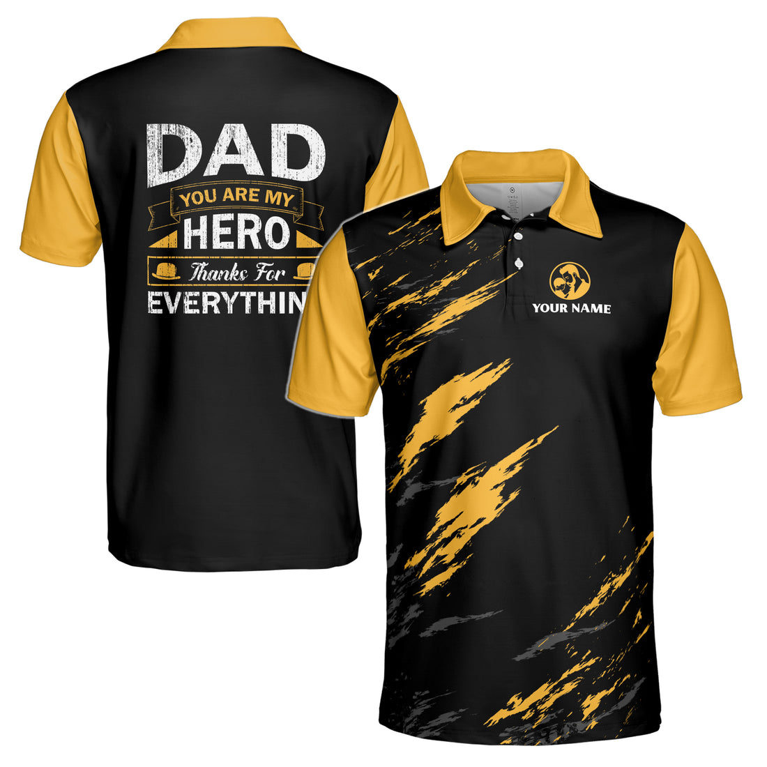 Custom Name My Hero Dad Gift for Father Black Yellow Men's Polo Shirt S-5XL