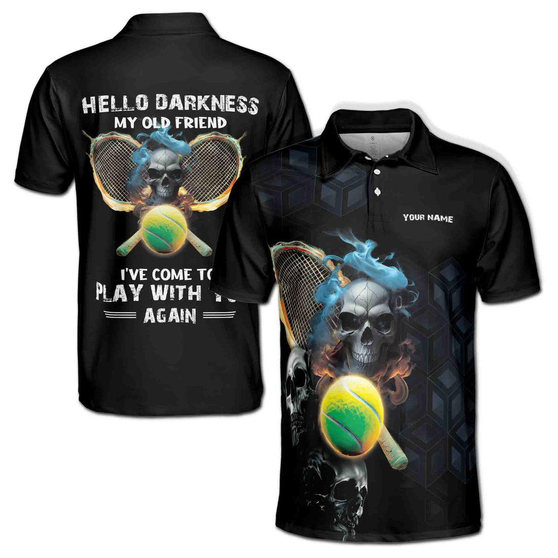 Custom Name Hello Darkness My Old Friend Skull Tennis Men's Polo Shirt S-5XL
