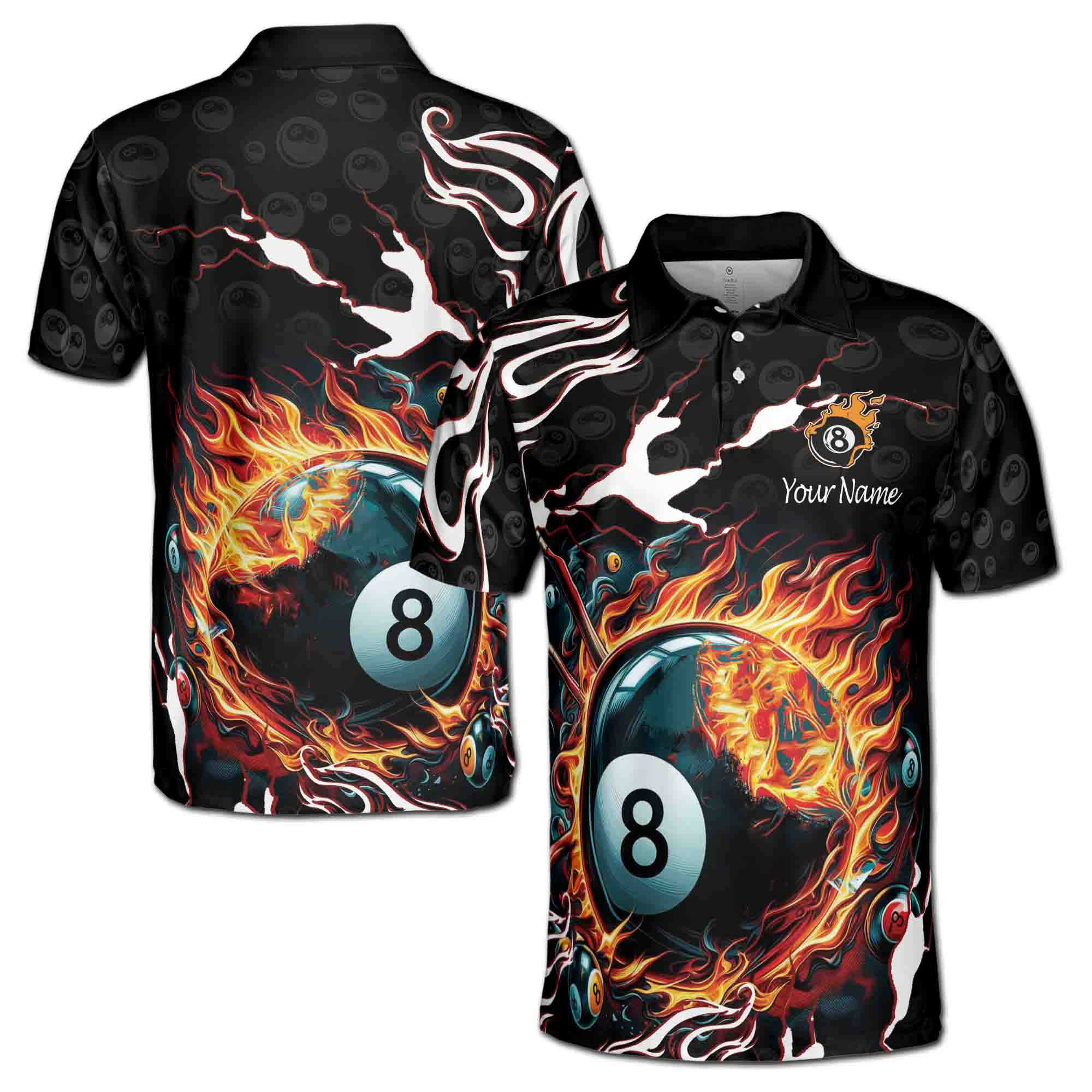 Customized Name Flaming 8-Ball Billiards on Fire Men's Polo Shirt S-5XL