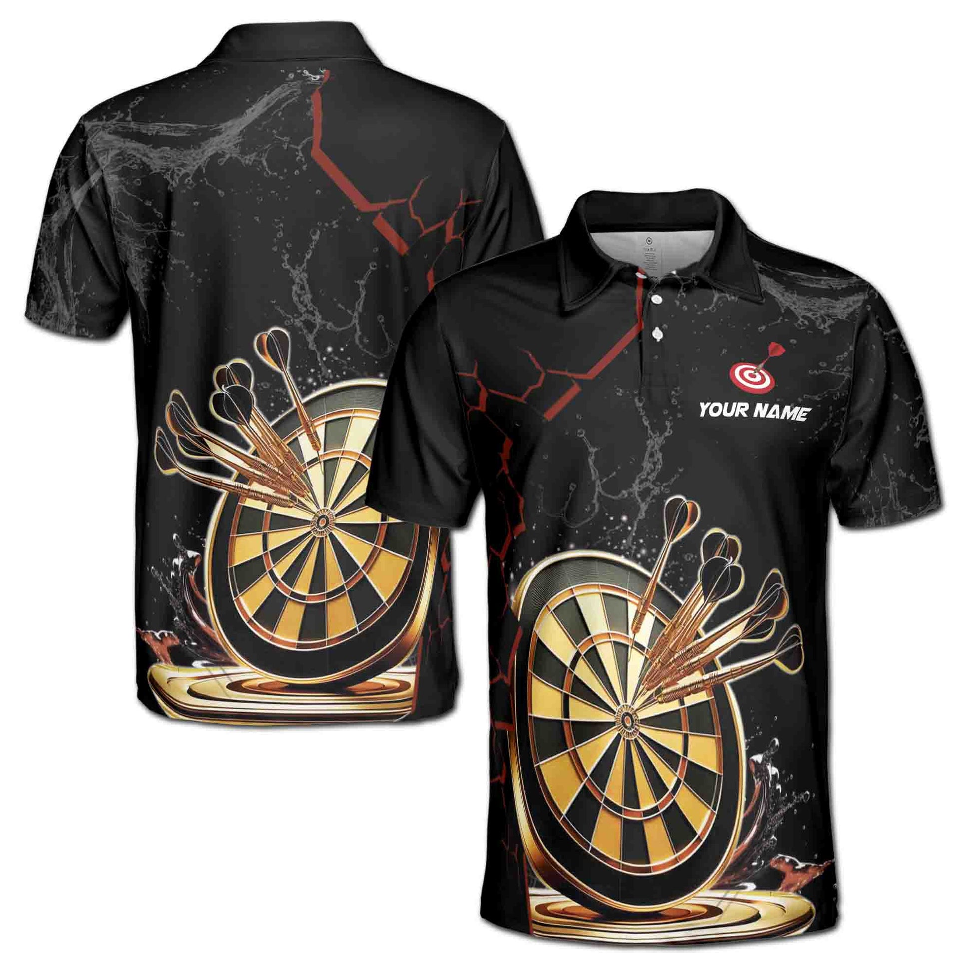 Custom Name Golden Darts Team Black Men's Polo Shirt S-5XL