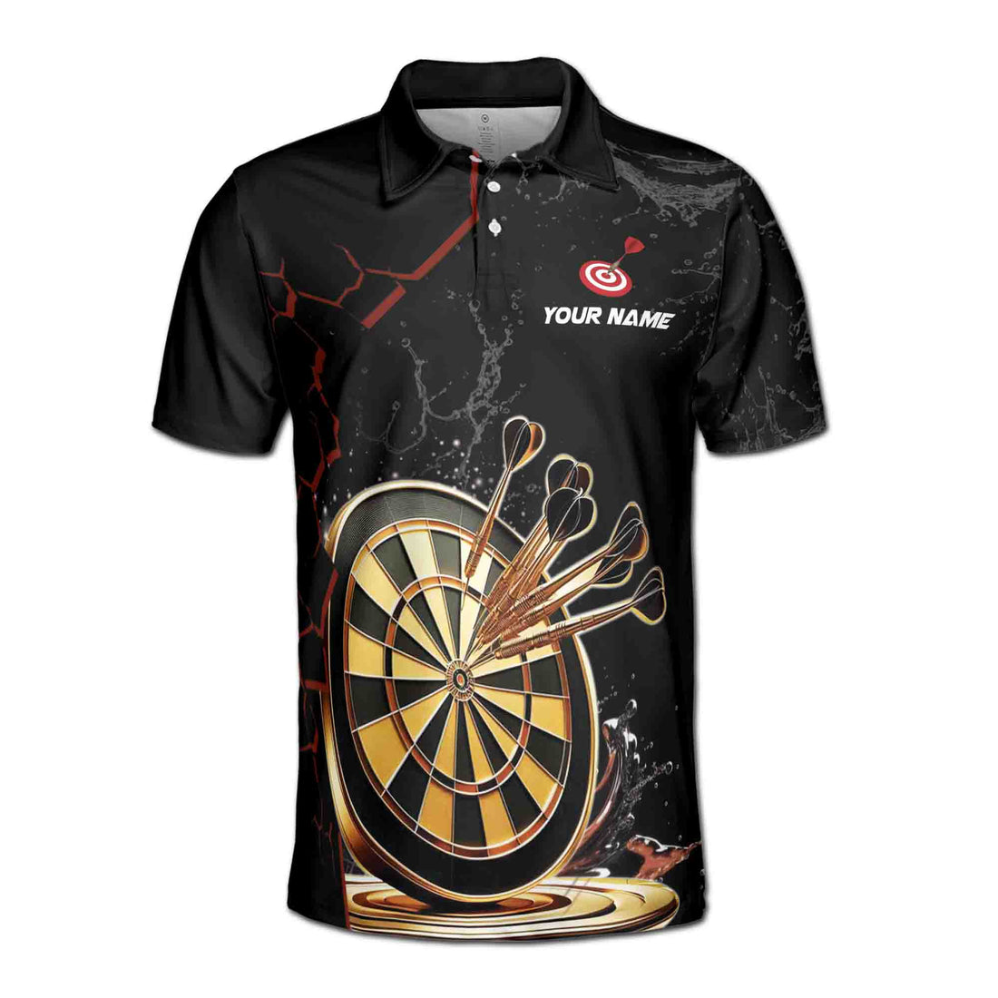 Custom Name Golden Darts Team Black Men's Polo Shirt S-5XL