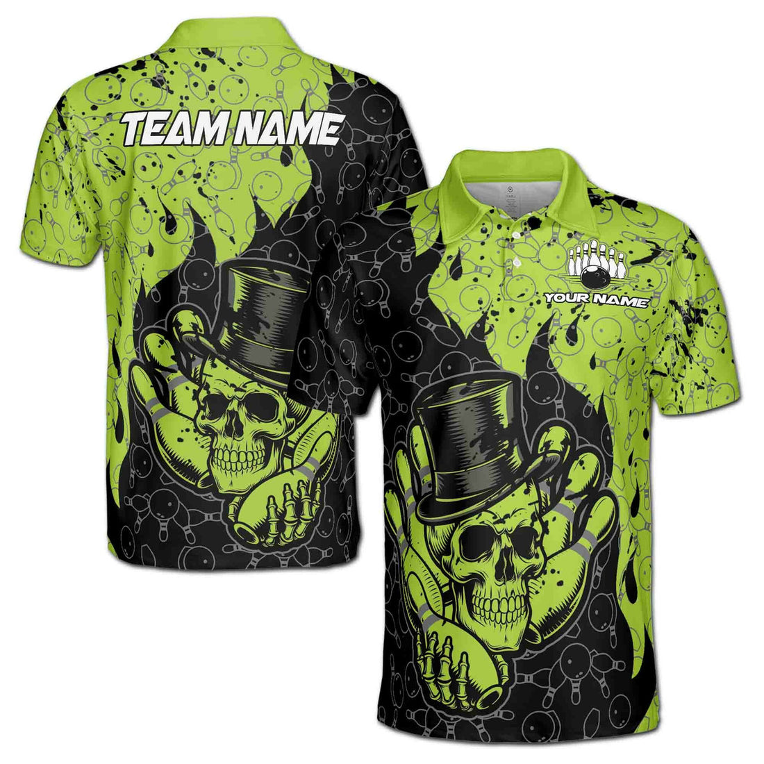 Customized Bowling Team Name Green Skull Gentlemen Men's Polo Shirt S-5XL