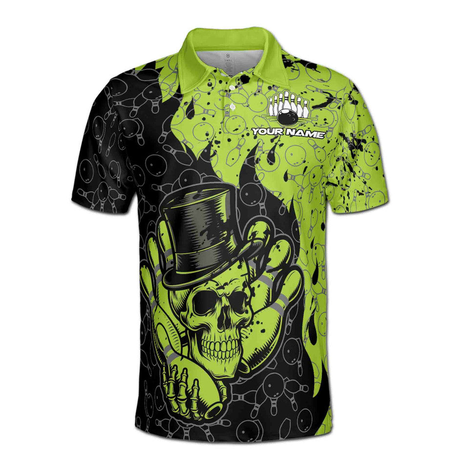 Customized Bowling Team Name Green Skull Gentlemen Men's Polo Shirt S-5XL