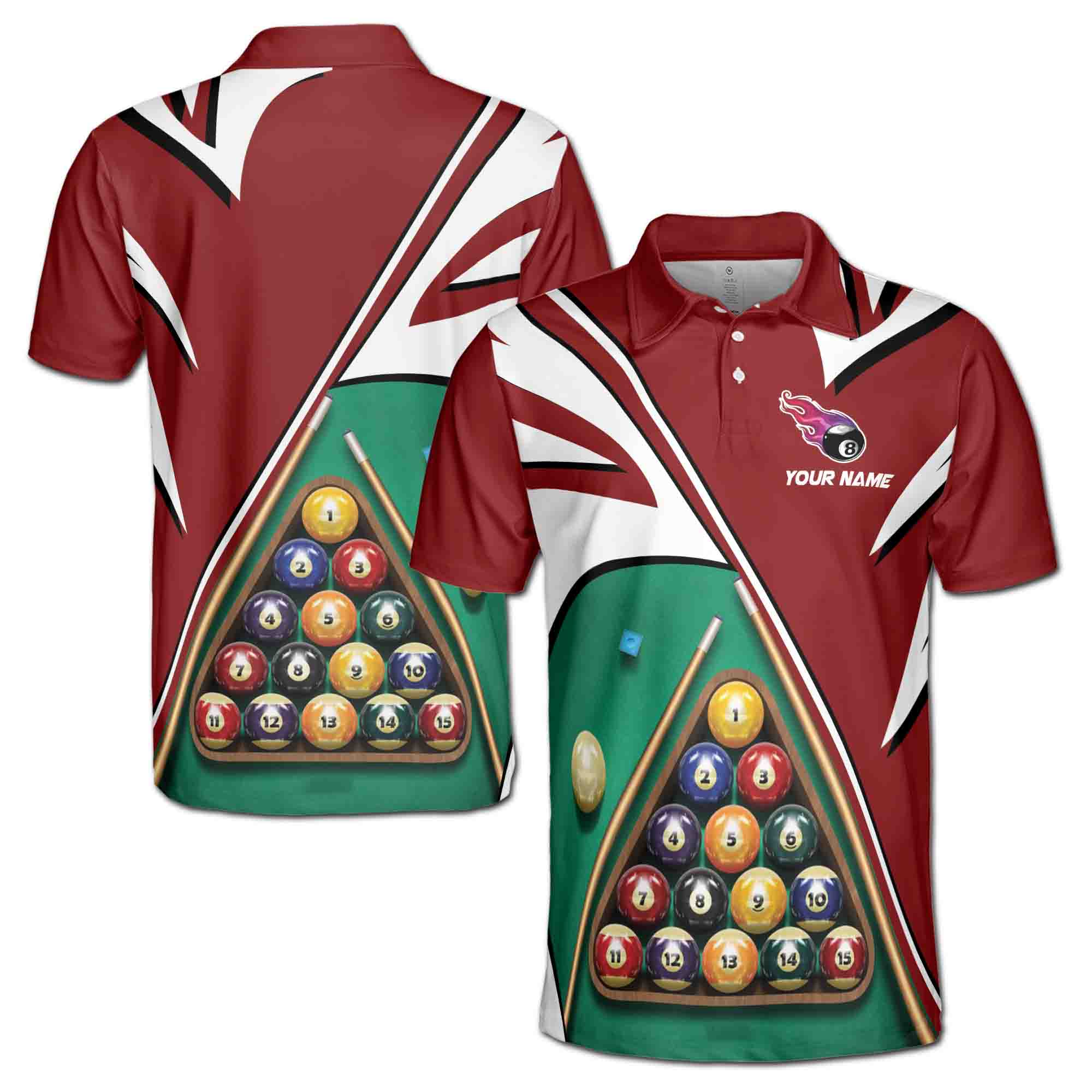 Customized Name Billiard Cue and Balls Pattern Men's Polo S-5XL