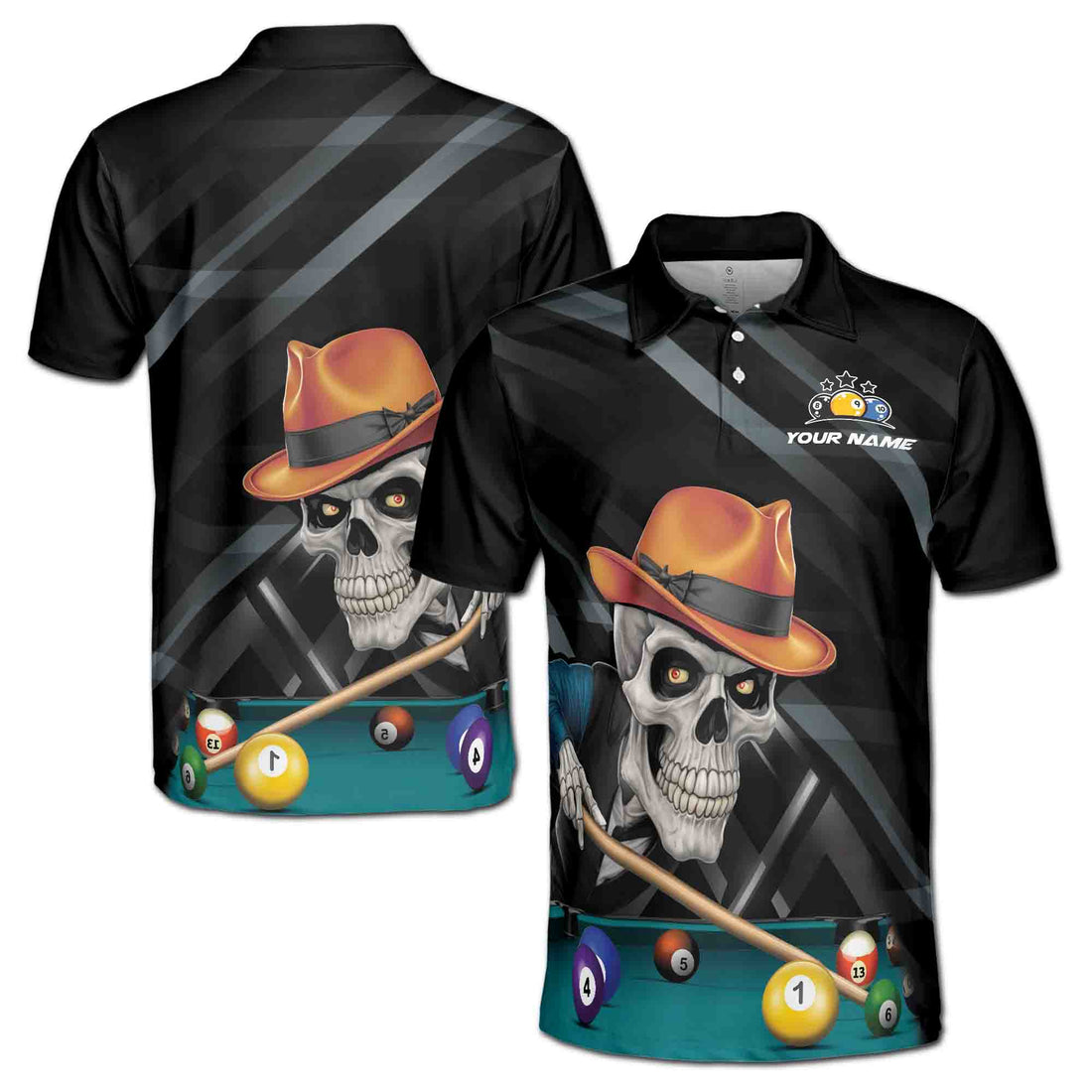 Customized Name Gentleman Skeleton Play Billiards Men's Polo Shirt S-5XL