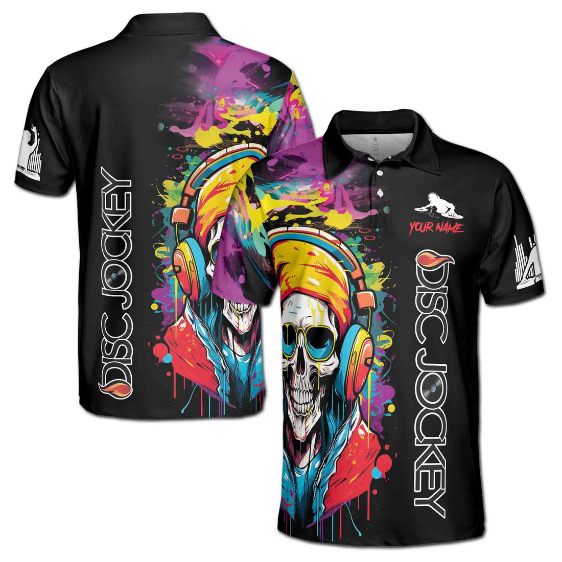 Customized Skull DJ Disc Jockey Play Music Men's Polo S-5XL