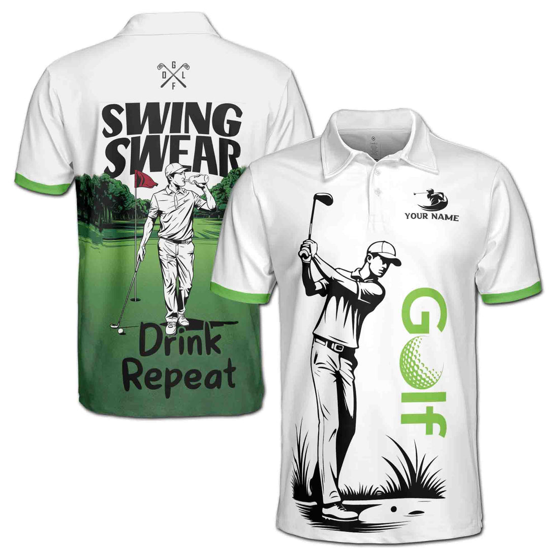 Custom Name Golf Player Swing Swear Drink Repeat Men's Polo S-5XL