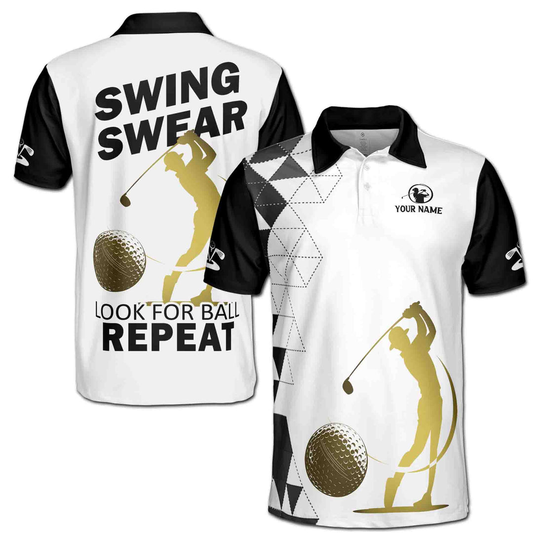 Customized Name Man Play Golf Golden Pattern Men's Polo Shirt S-5XL