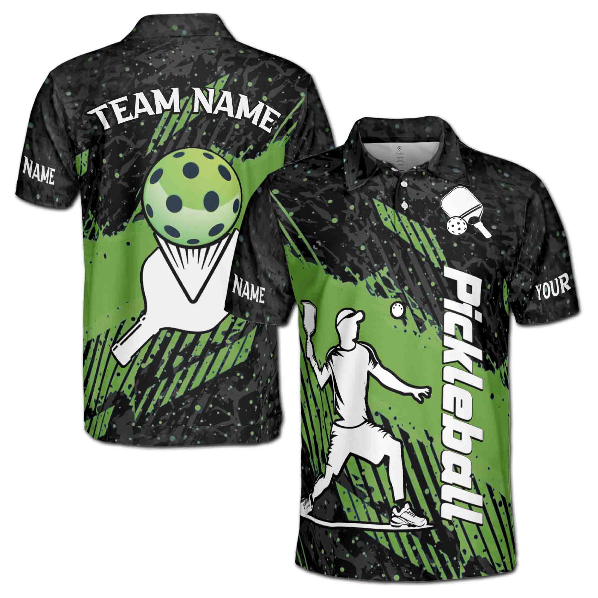 Custom Name Pickleball Player Silhouette Green Striped Men's Polo Shirt S-5XL