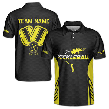Custom Name Team Pickleball On Fire Yellow Striped Black Men's Polo Shirt S-5XL