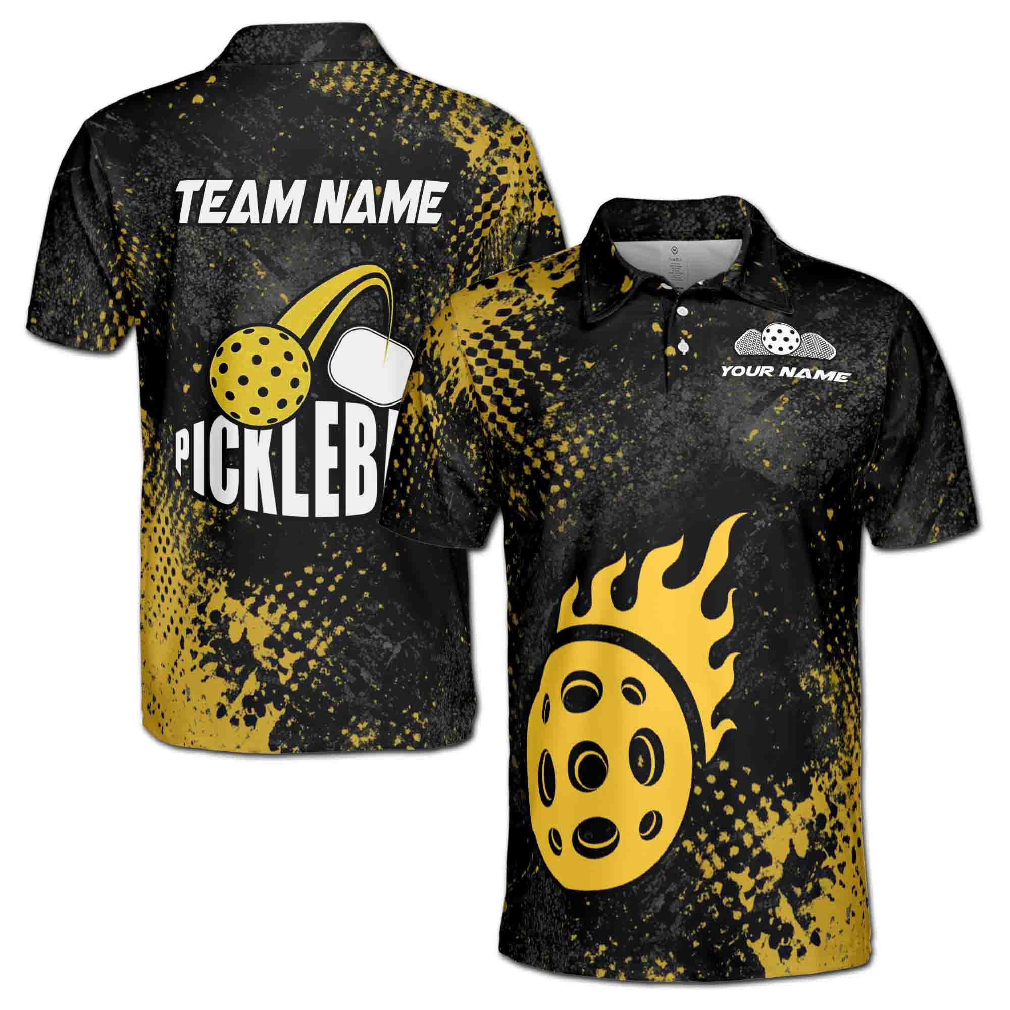 Custom Name Team Pickleball on Fire Yellow Men's Polo Shirt S-5XL