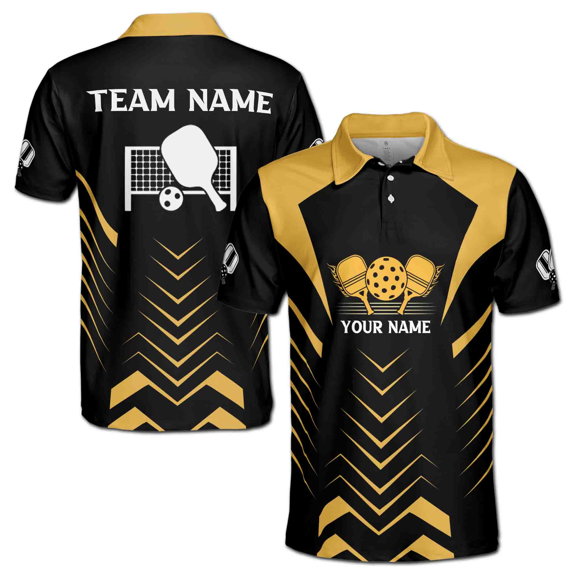 Custom Name Addicted Pickleball Team Yellow and Black Men's Polo Shirt S-5XL