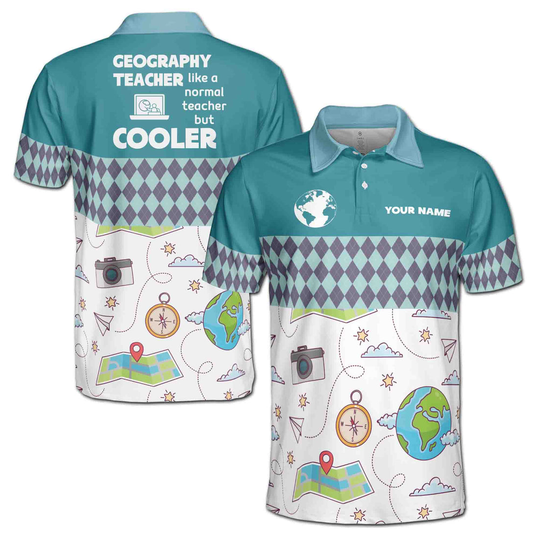 Custom Name Funny Geography Teacher Normal But Cooler Men's Polo Shirt S-5XL