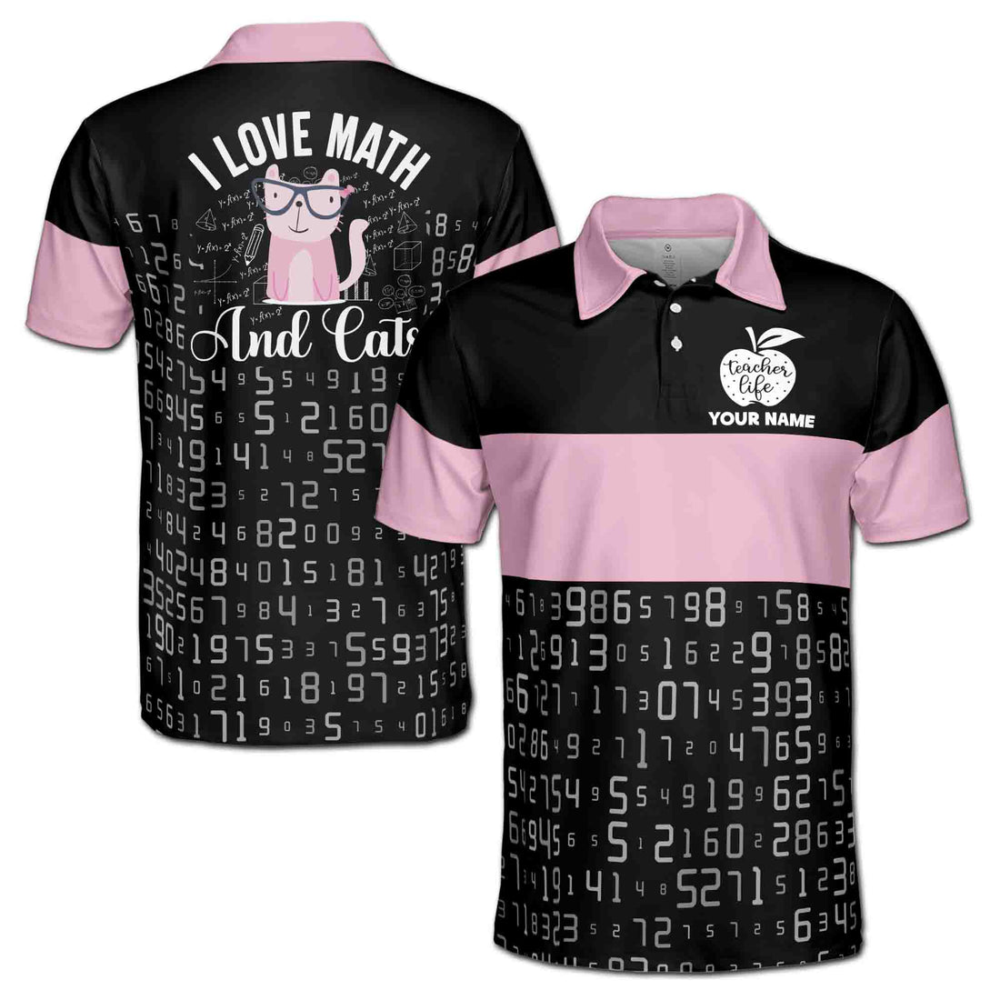 Custom Funny I Love Math And Cat Pink and Black Men's Polo Shirt S-5XL
