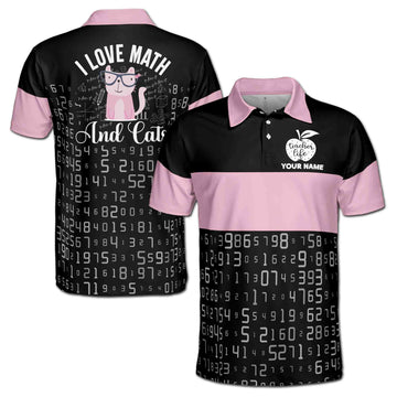 Custom Funny I Love Math And Cat Pink and Black Men's Polo Shirt S-5XL