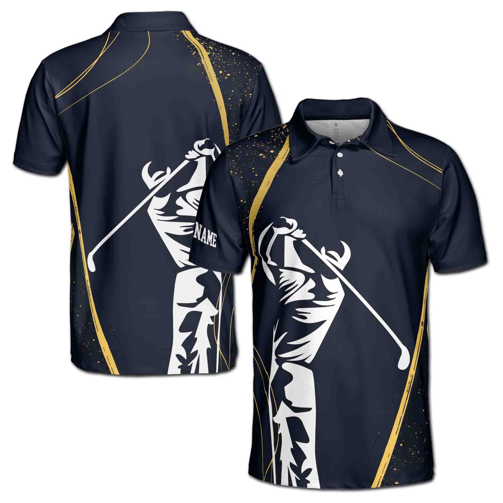 Custom Name Stylized Golf Player Swing Golden Spatter Men's Polo Shirt S-5XL