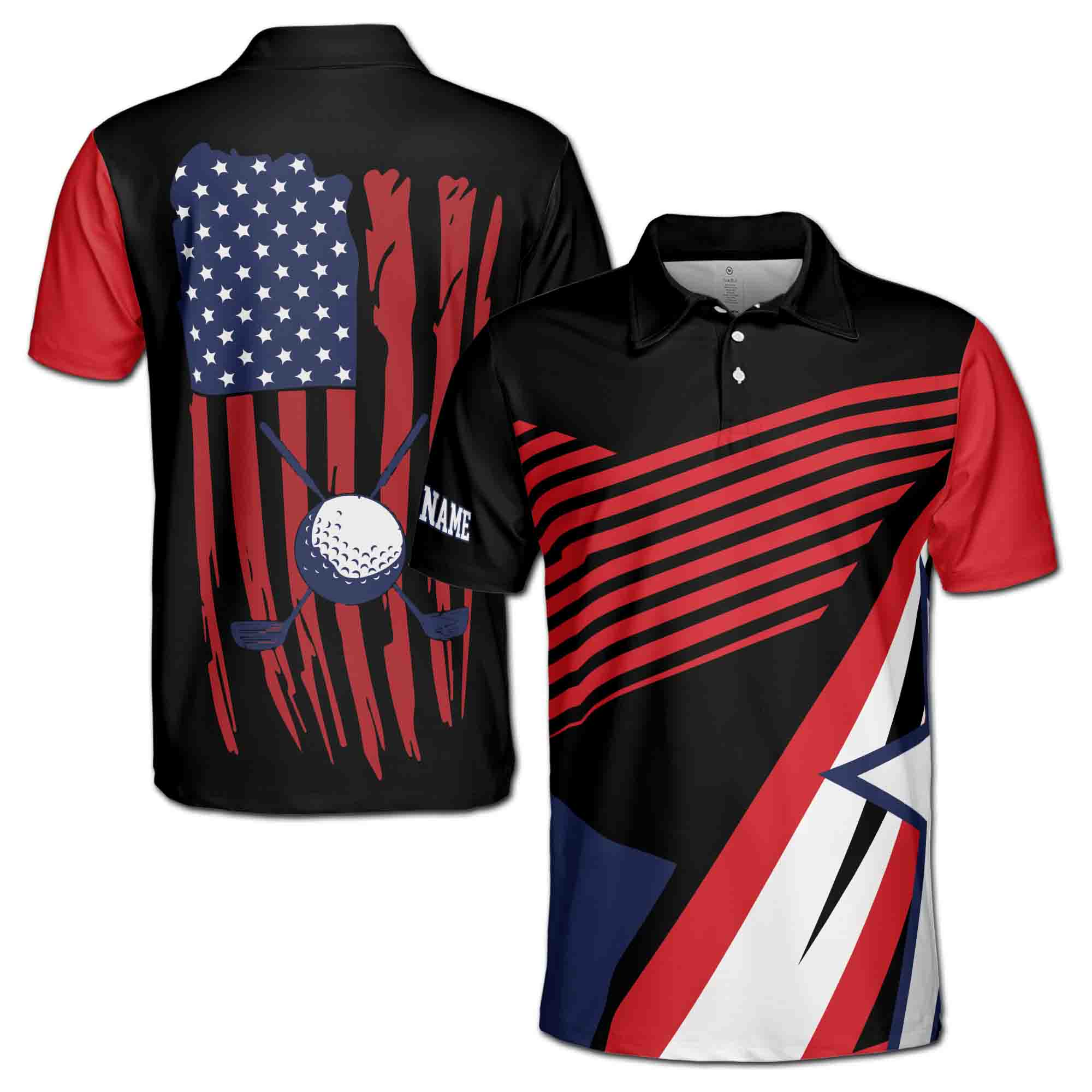 Custom Name Golf American Flag Gift for Golfer Men's Polo Shirt S-5XL