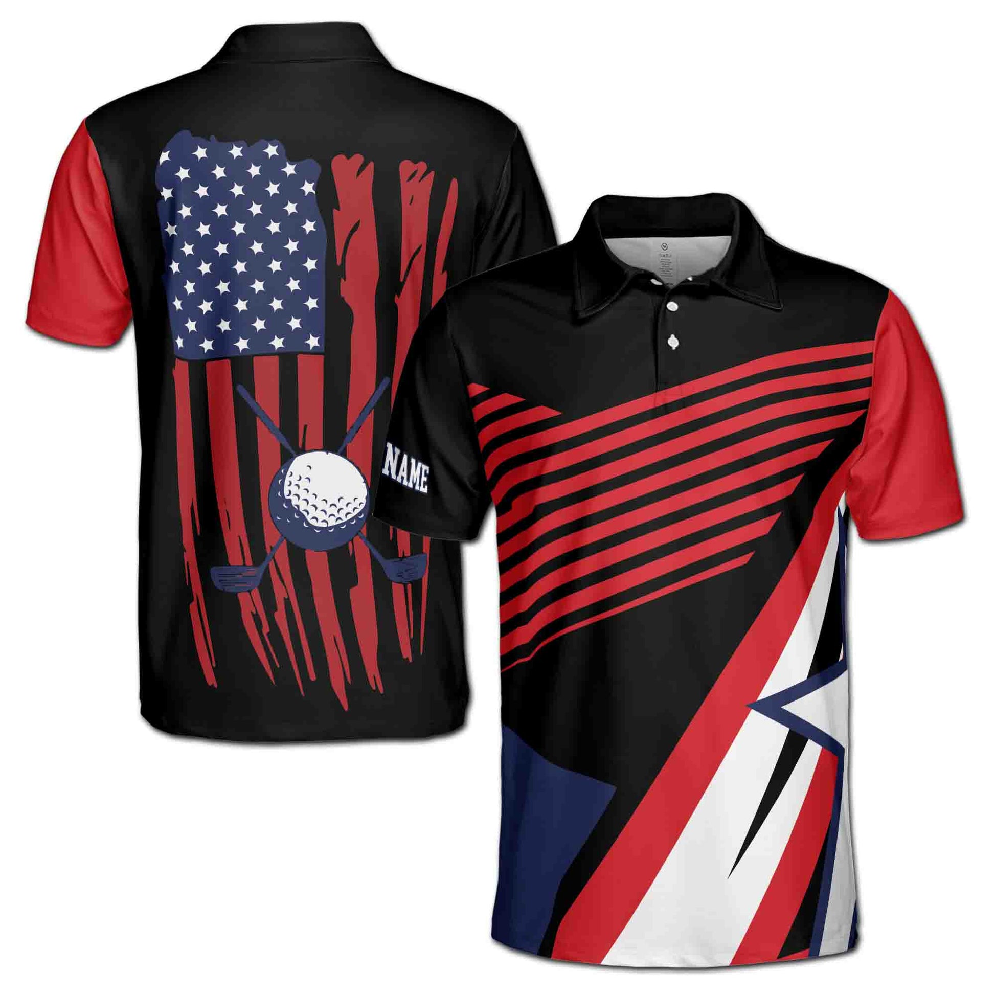 Custom Name Golf American Flag Gift for Golfer Men's Polo Shirt S-5XL