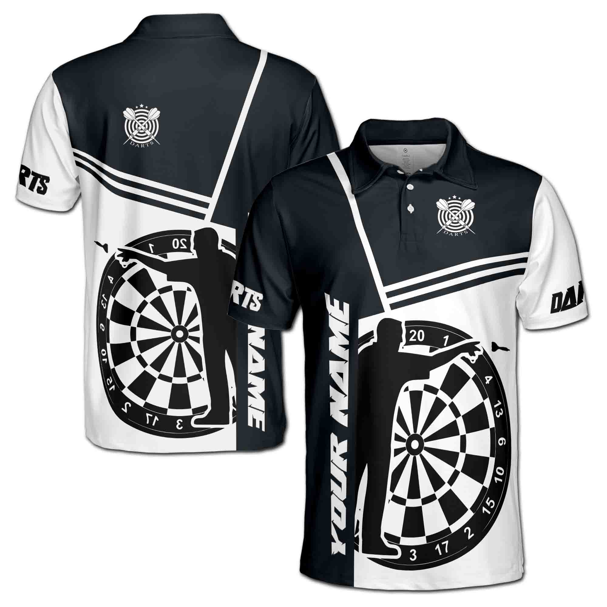 Personalized Team Name Black White Dartboard Men's Polo Shirt S-5XL