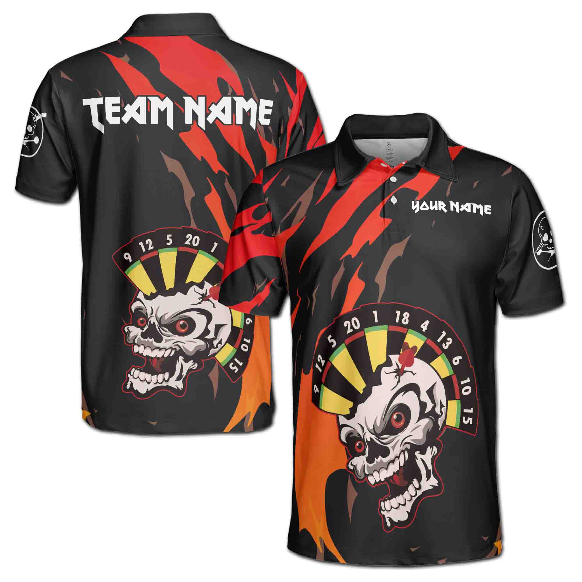 Custom Team Name Funny Darts Skull Colorful Dartboard Men's Polo Shirt S-5XL