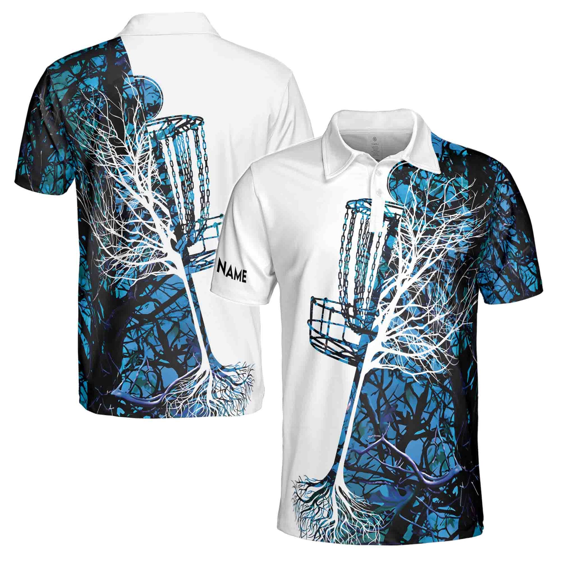 Mens Disc Golf Custom Name Blue Camo Disc Golf Basket Men's Polo Shirt S-5XL