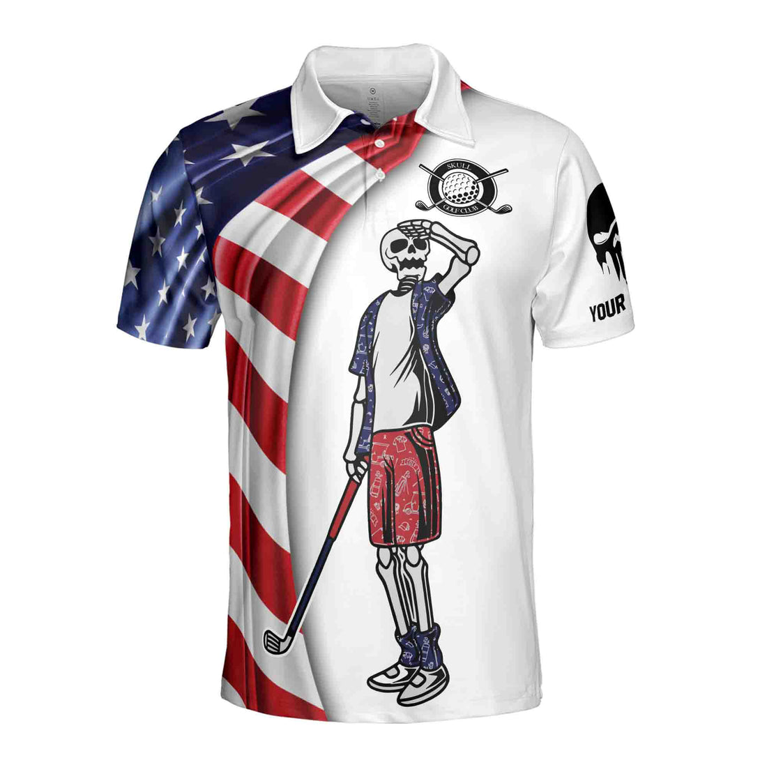 Custom Name Patriotic Skull Crazy Golf 3D Men's Polo Shirt Size S-5XL