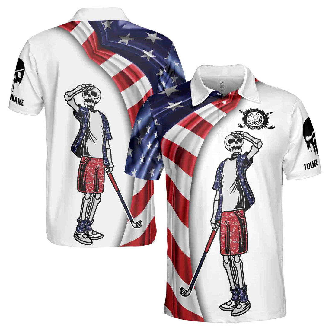 Custom Name Patriotic Skull Crazy Golf 3D Men's Polo Shirt Size S-5XL