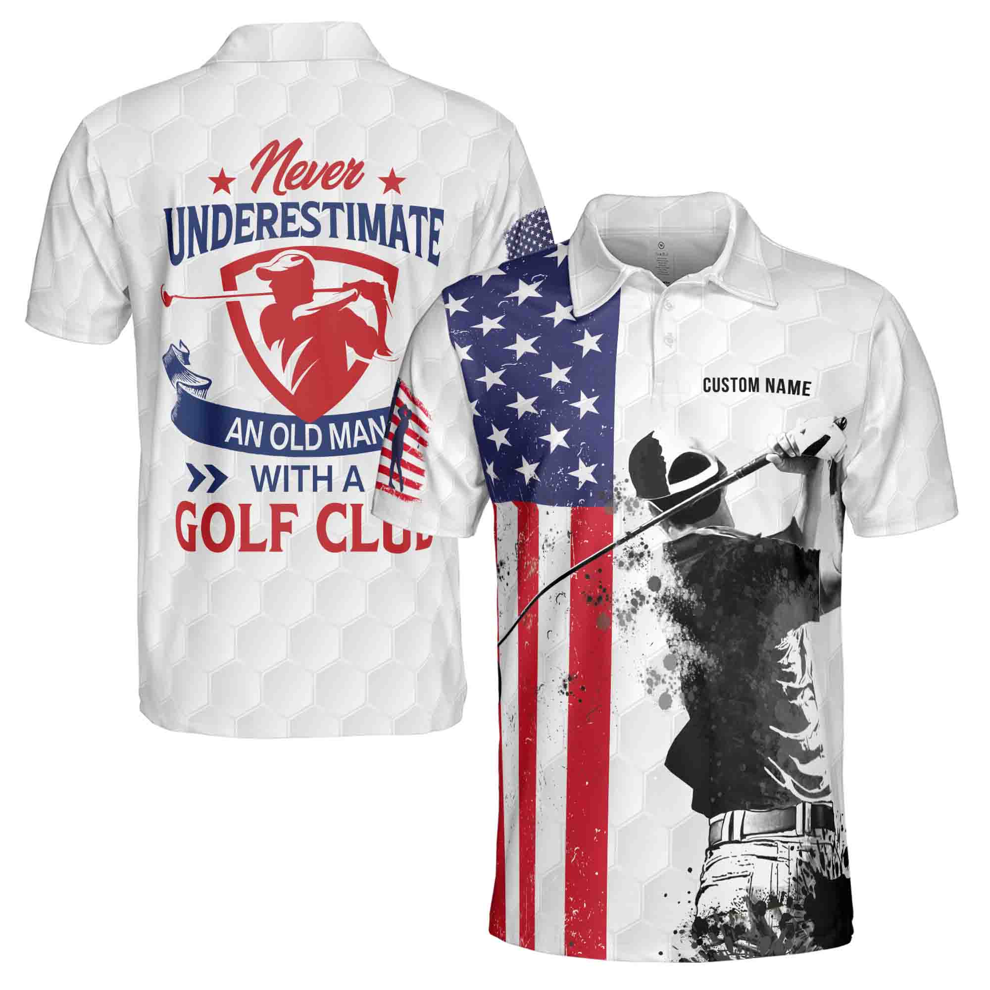 Customized Name Never Underestimate An Old Man With A Golf Club Men's Polo Shirt S-5XL