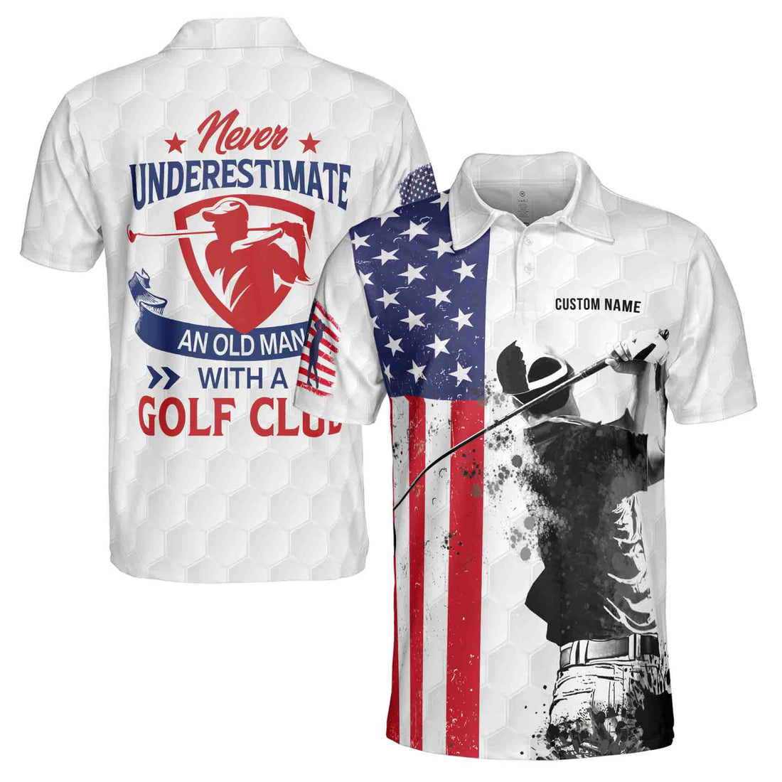 Customized Name Never Underestimate An Old Man With A Golf Club Men's Polo Shirt S-5XL