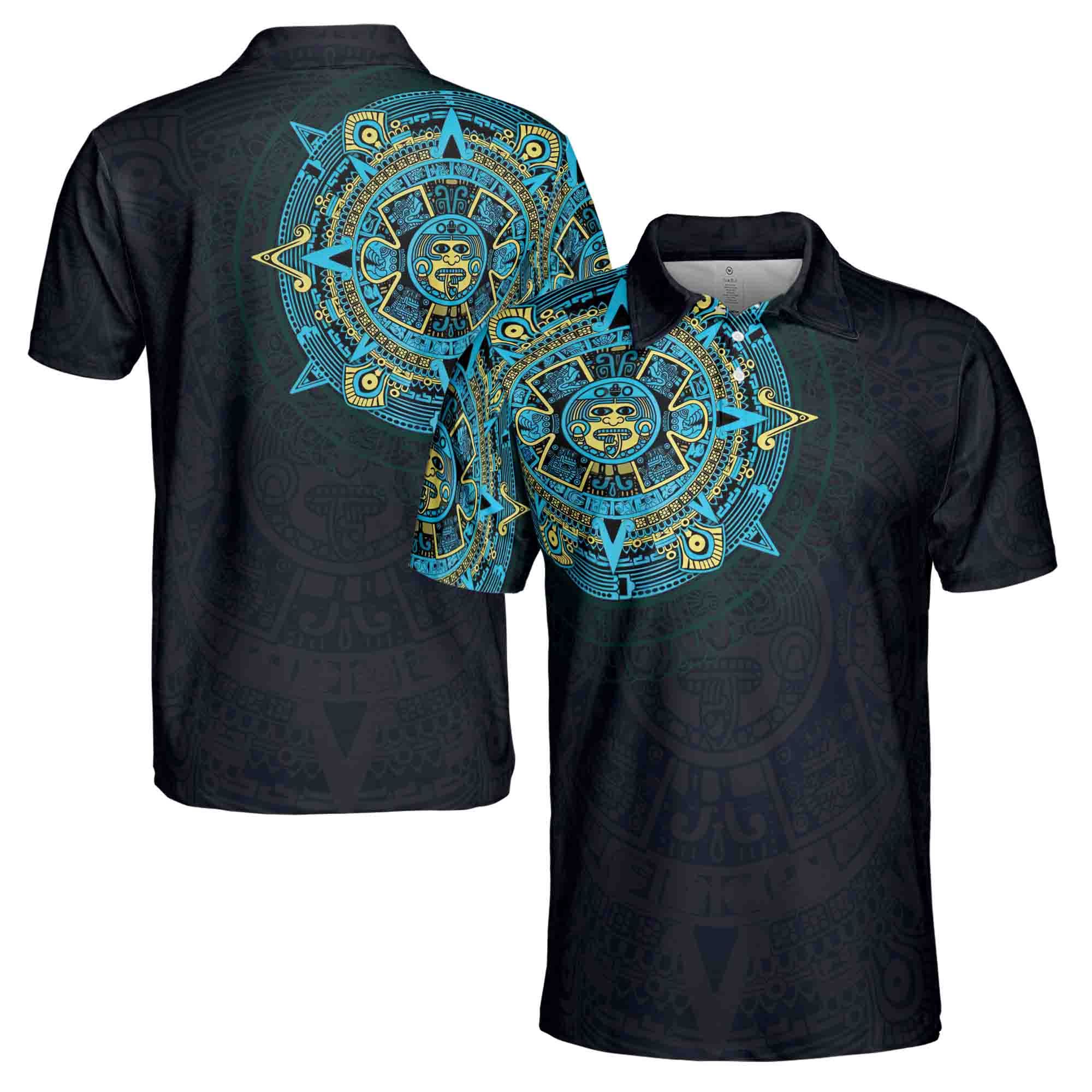 Blue Mexico Viking Tattoo Aztec Men's Polo Shirt Size S-5XL