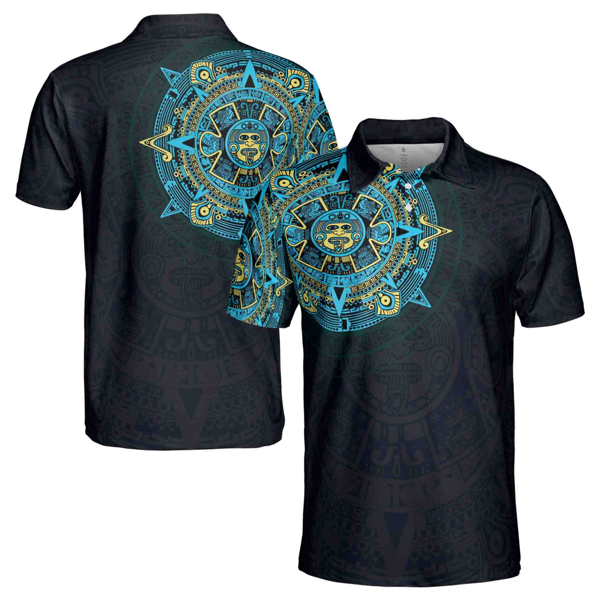 Blue Mexico Viking Tattoo Aztec Men's Polo Shirt Size S-5XL