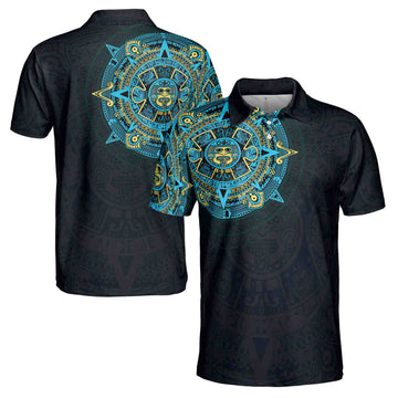 Blue Mexico Viking Tattoo Aztec Men's Polo Shirt Size S-5XL