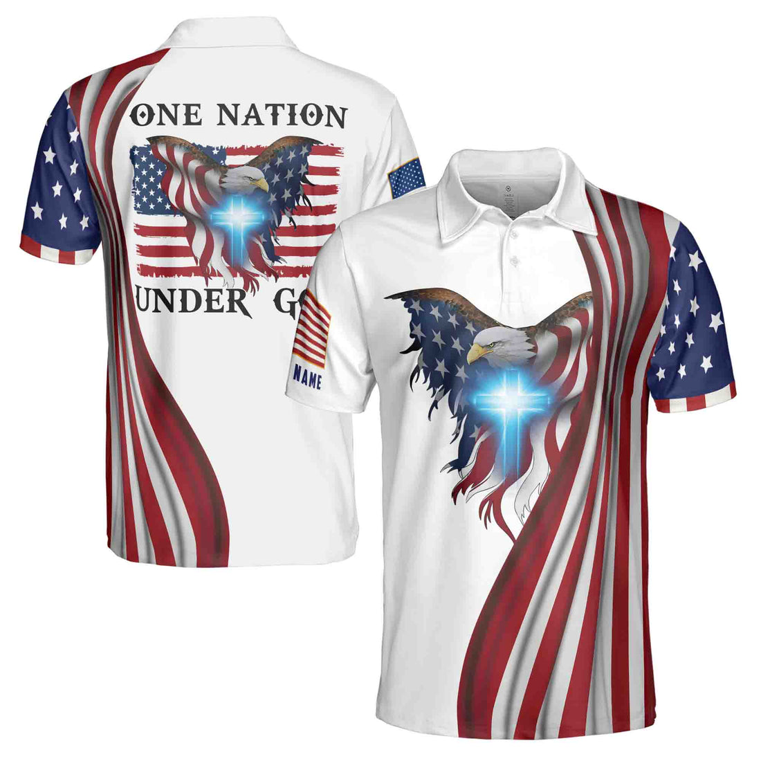 Custom Name One Nation Under God Eagle 4th Of July Independence 3D Men's Polo Shirt S-5XL
